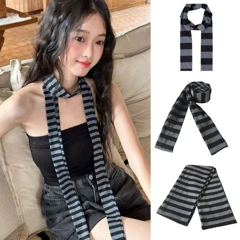 Y2K Black Grey Striped Scarf For Women Cotton Long Scarf Choker Scarf Punk Skinny Thin Neck Warmer Neck Wrap Neckwear Accessory