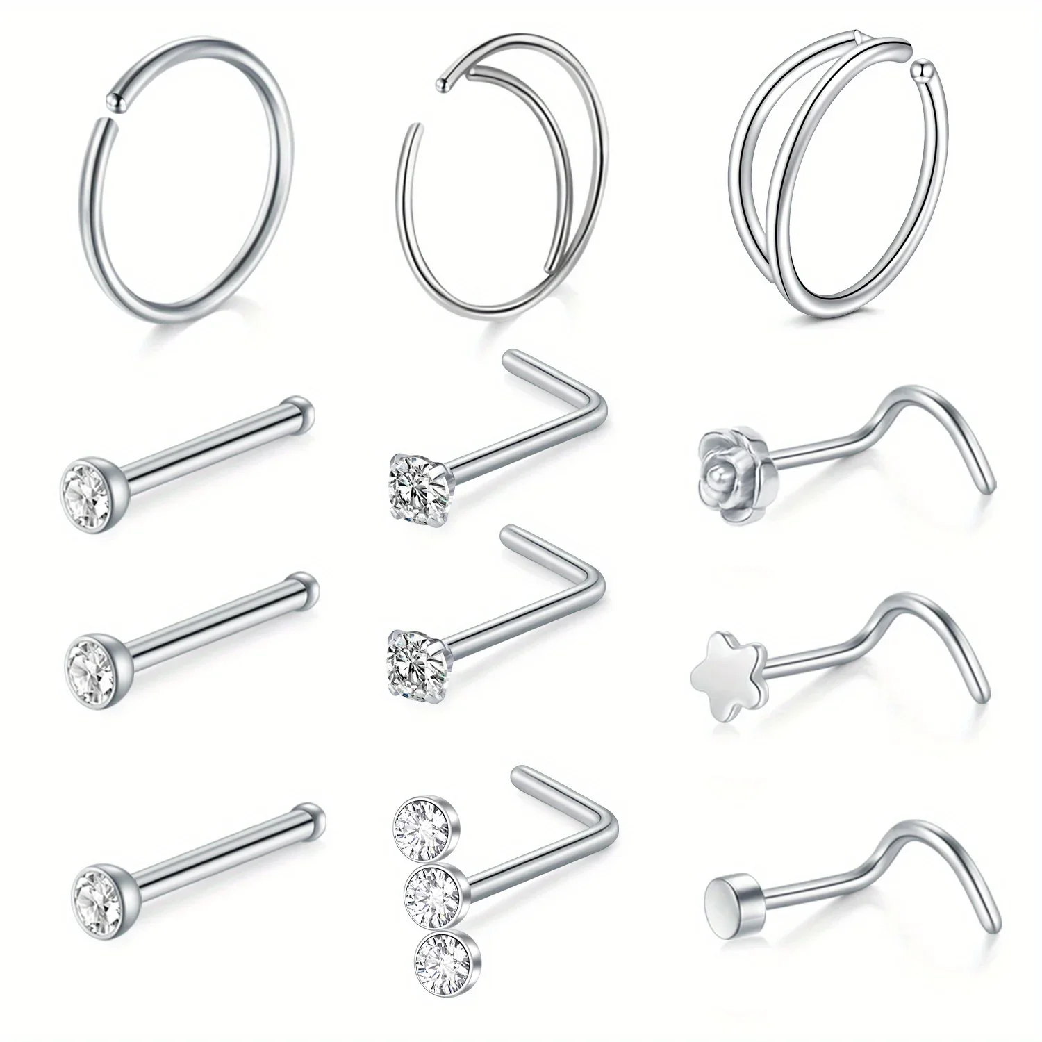 مجموعة ترصيع الأنف من الفولاذ المقاوم للصدأ مكونة من 12 قطعة، حلقات أنف أنيقة لطيفة على شكل حرف L مع زركونيا صناعية، متعددة الاستخدامات للاستخدام اليومي