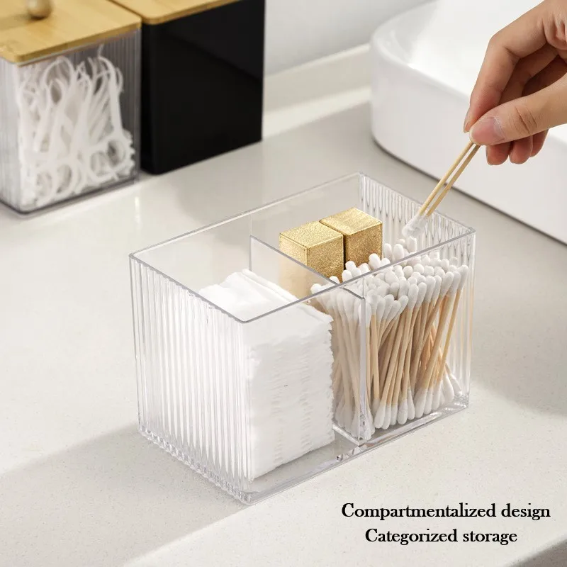 Acrylic Qtip Holder Dispenser Bathroom Jars with Bamboo Lids Cotton Ball Pad Round Swab Holder Clear Apothecary Canister Jar 5