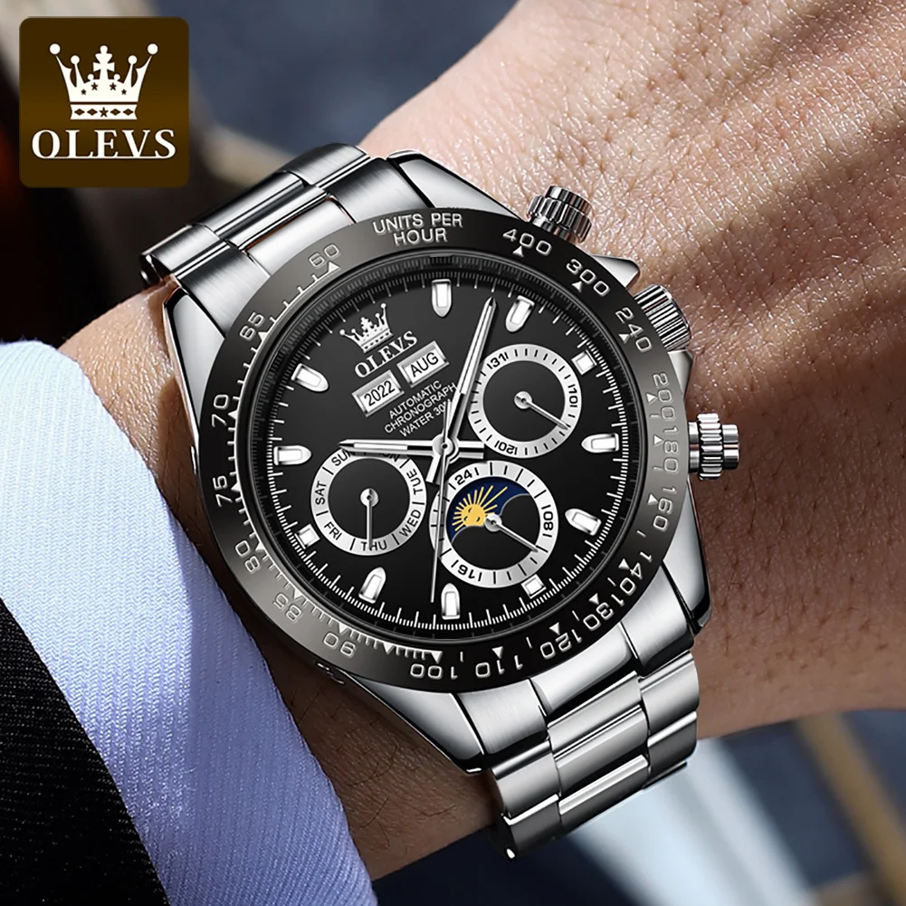OLEVS Watches for Men Luxury Stainless Steel Calendar Waterproof Luminous Fashion Business Men's Automatic Mechanical Wristwatch