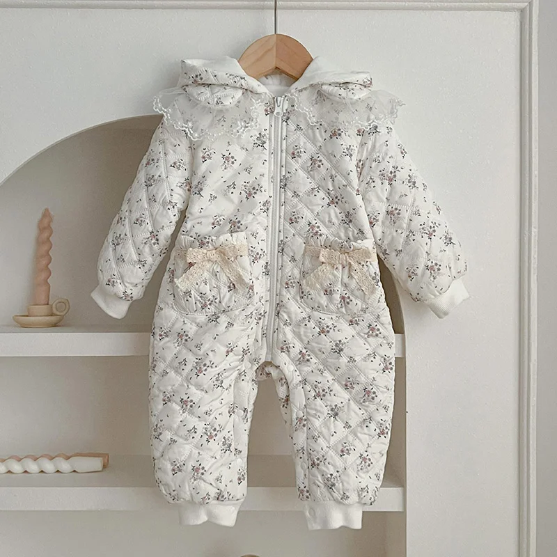 

MILANCEL 2023 New Winter Baby Rompers Floral Fleece Jumpsuits Fur Lining Lace Jumpsuits