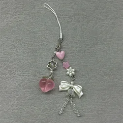 Charming Pink Bow & Bead Handmade Keychain with Love Heart Accent (1pcs)