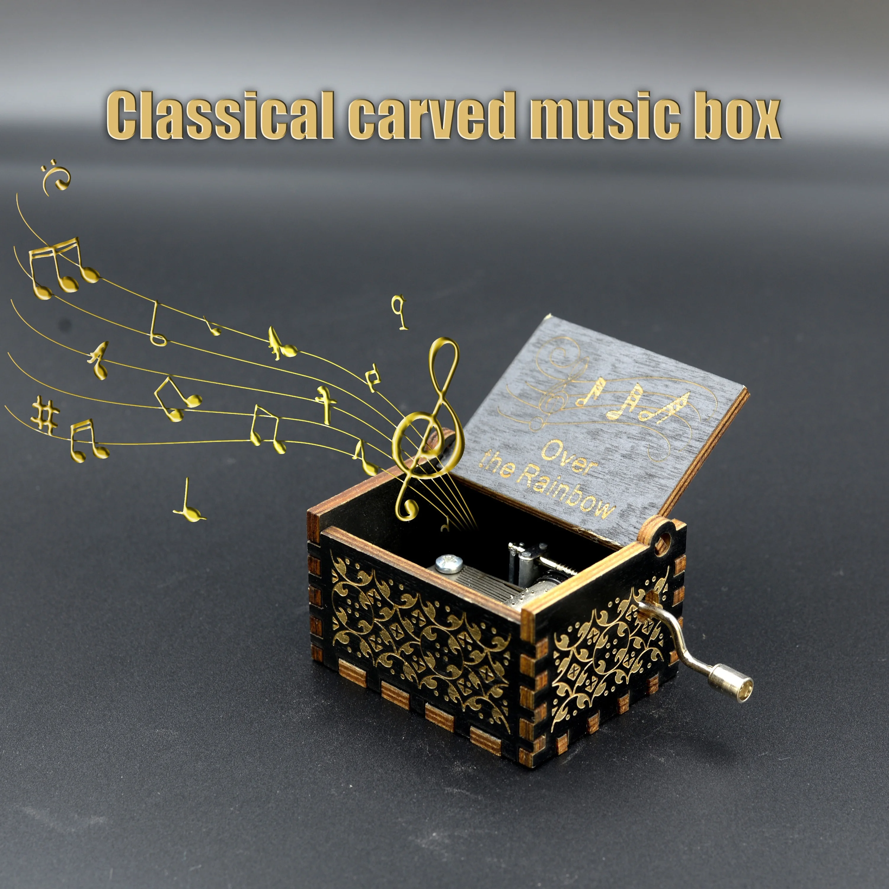 1pc Wooden Music Box, Hand Cranked Classic " OVER THE RAINBOW" Music Box, Vintage Carved Wooden Music Box, For Home Room Living 2