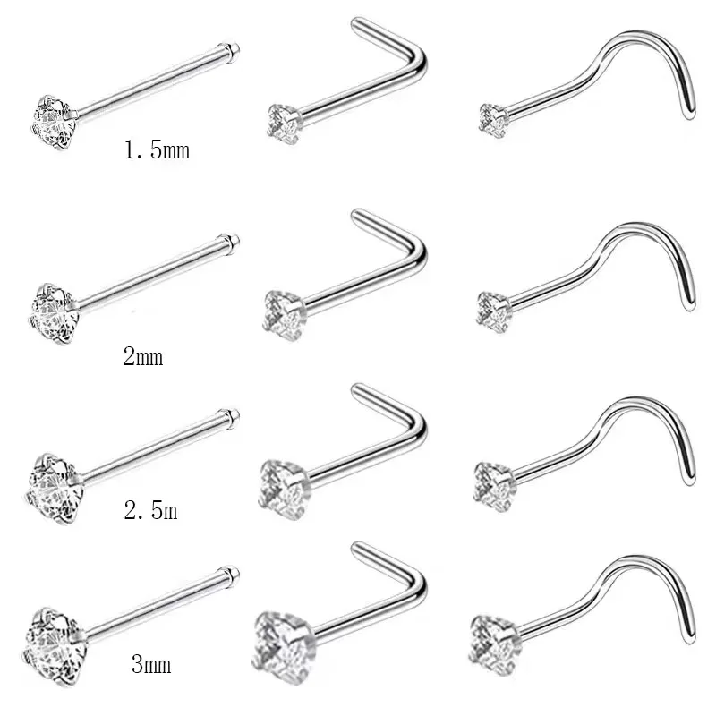 1PCS 크리스탈 코 링 스터드 세트 L 모양 스테인레스 스틸 트위스트 CZ 코 스터드 팩 1.5 2Mm 2.5Mm 코 링 세트 피어싱 Nez Lote