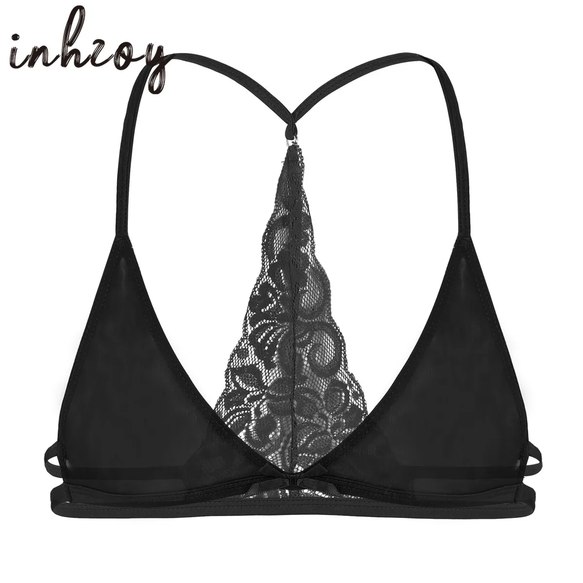 

Mens Sissy Lingerie Mesh See Through Sheer Lace Triangle Bralette Bra Top Sexy Gay Exotic Spaghetti Shoulder Straps Underwear