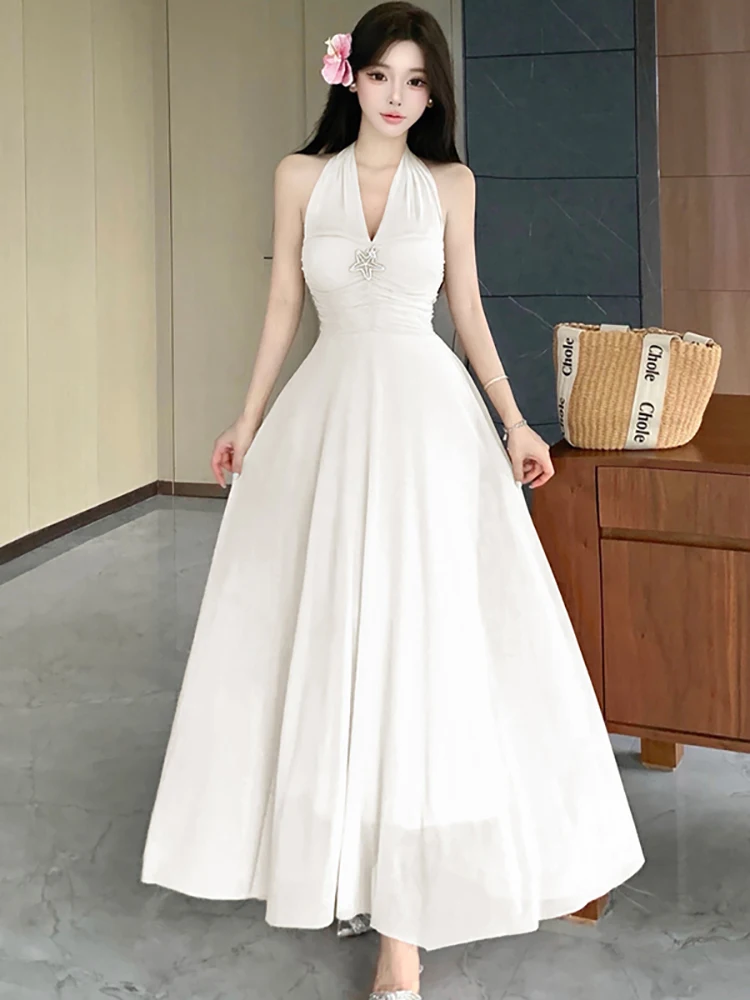 2026 White Pleated Bodycon Diamonds Neck-mounted Sexy Dress Women Elegant  Luxury Long Dress Summer Korean Festival Evening Dress - AliExpress  200000345