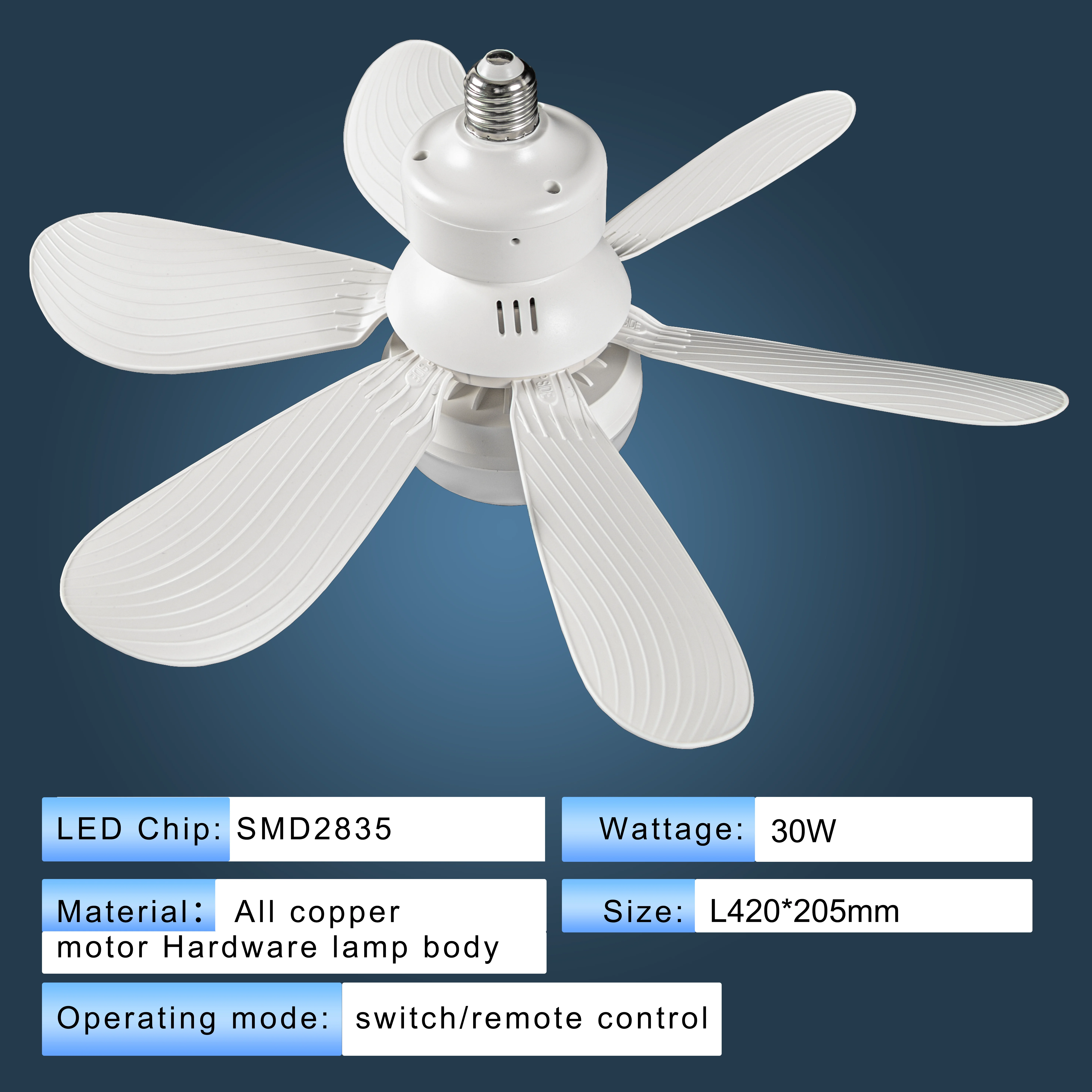 Ventilateur Plafond Fleur 2 En 1 Télécommandé 6 Pales LED 30W Blanc Moderne