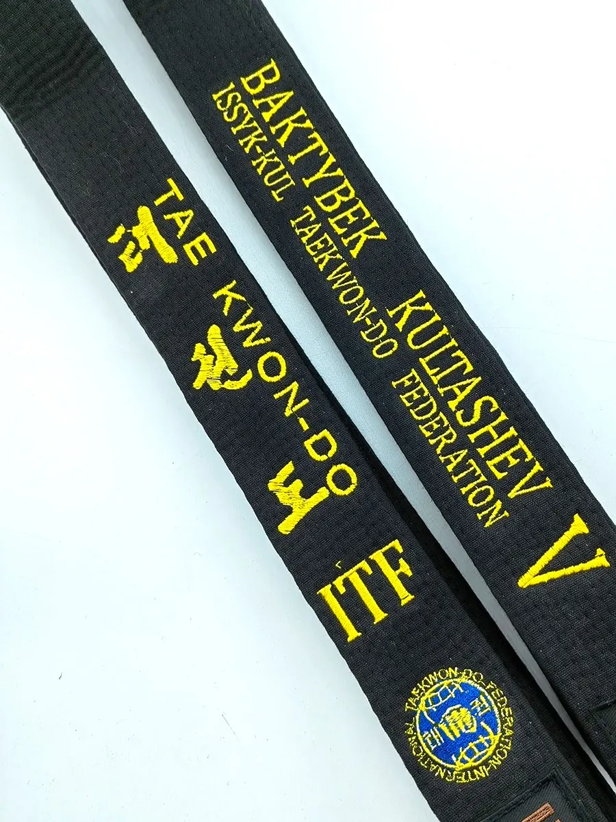 

ITF Taekwondo Black Belts Embroidery Width 5cm Mooto Martial Arts Sports Coach Waistband Master Customized Name Korean Engllsh