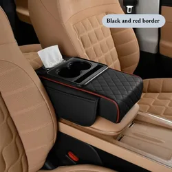 Luxury Auto Armrest Cushion with Dual Cup Holders - Premium PU Leather Pillow Cover (Black and Red)