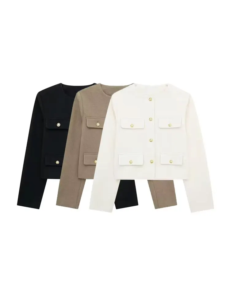 Women's Golden Button Jacket Coat, O Neck, Long Sleeve, Female Outerwear, Chic Tops, Fashion