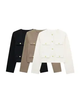 Manteau veste à boutons dorés pour femmes, col rond, manches longues, vêtements d'extérieur pour femmes, hauts chics, à la mode