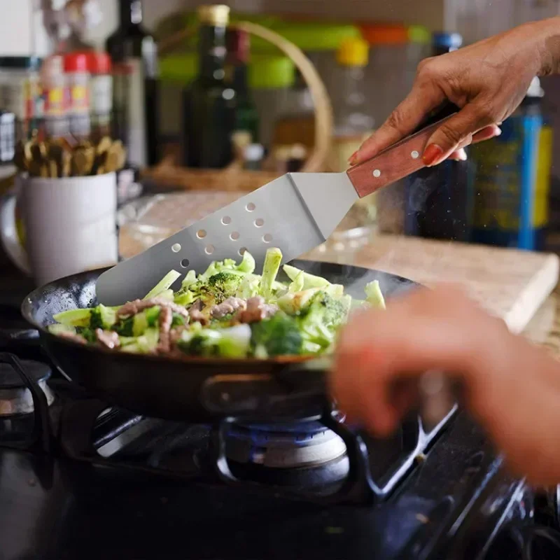 Stainless Steel Square Head Steak Cooking Spatula Wood Handle Pizza Shovel Pancake Beef Turner Scraper BBQ Utensils For Kitchen