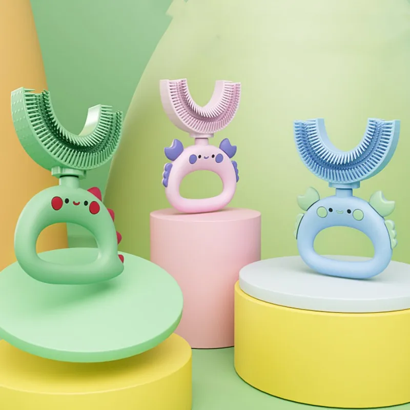 U-Shape Baby Toothbrush Baby Teether Toy 360 Degrees Silicone Cartoon Oral Brush Children Tooth Brush Teeth Cleaning Tool