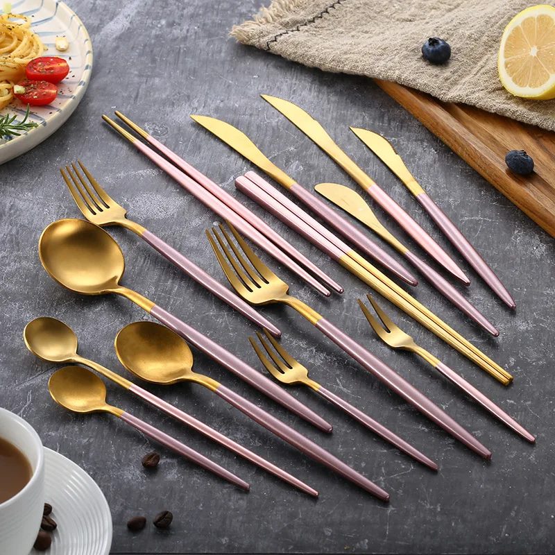 Matte Pink Gold 18/10 Stainless Steel Luxury Cutlery Tableware Knife Coffee Spoon Fork Chopsticks Flatware Set Dishwasher Safe