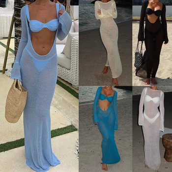 Women Vintage Summer Beach Cover Up Solid See-Through Long Sleeve Swimsuit Coverup Bathing Suit Cover Ups Bodycon Long Dresses 1