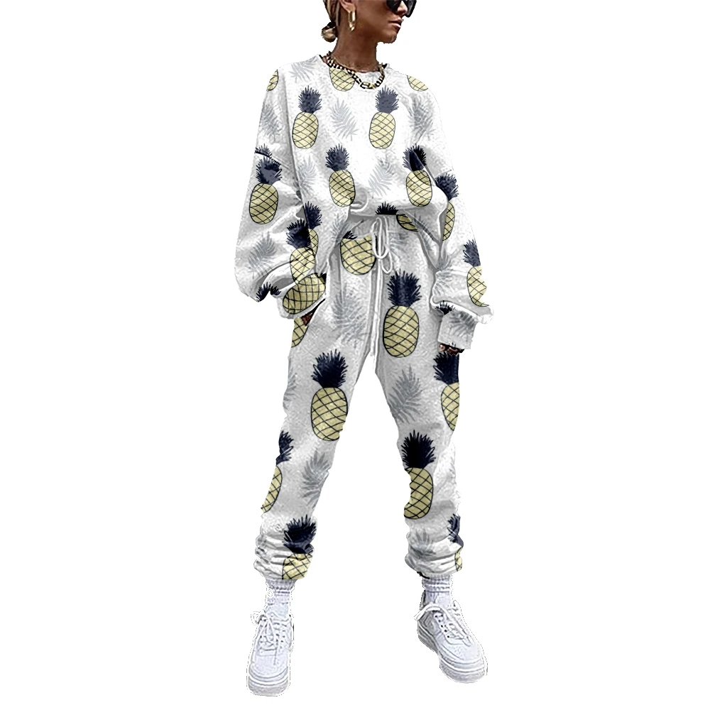 

Женский спортивный костюм из двух предметов, Свитшот и прямые спортивные штаны с принтом фруктов и ананасов, Спортивная уличная одежда для фитнеса, 2 предмета