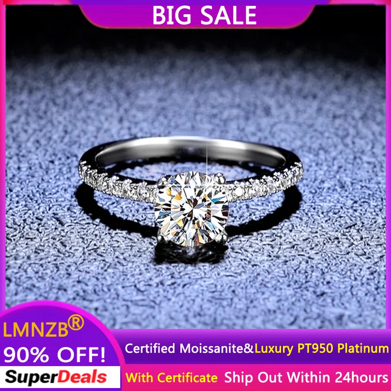 

Luxury Real PT950 Platinum Rings For Women Super Sparkling Round VVS 1 Carat Moissnaite Diamond Rings Wedding Jewelry Gift