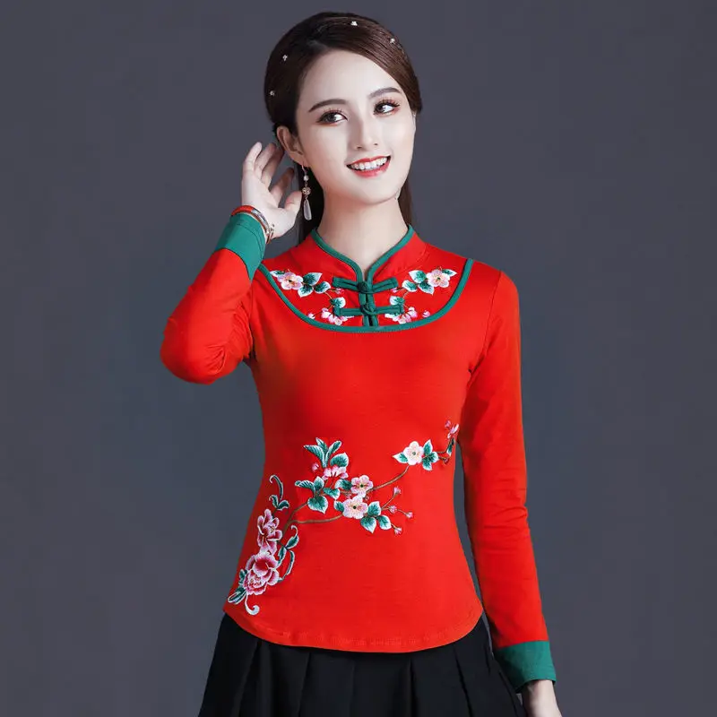 Traditional Chinese Clothing Women Cheongsam Top Embroidery Mandarin Collar Vintage Shirt Blouse Ladies Chinese Top V1910 women chinese shirt
