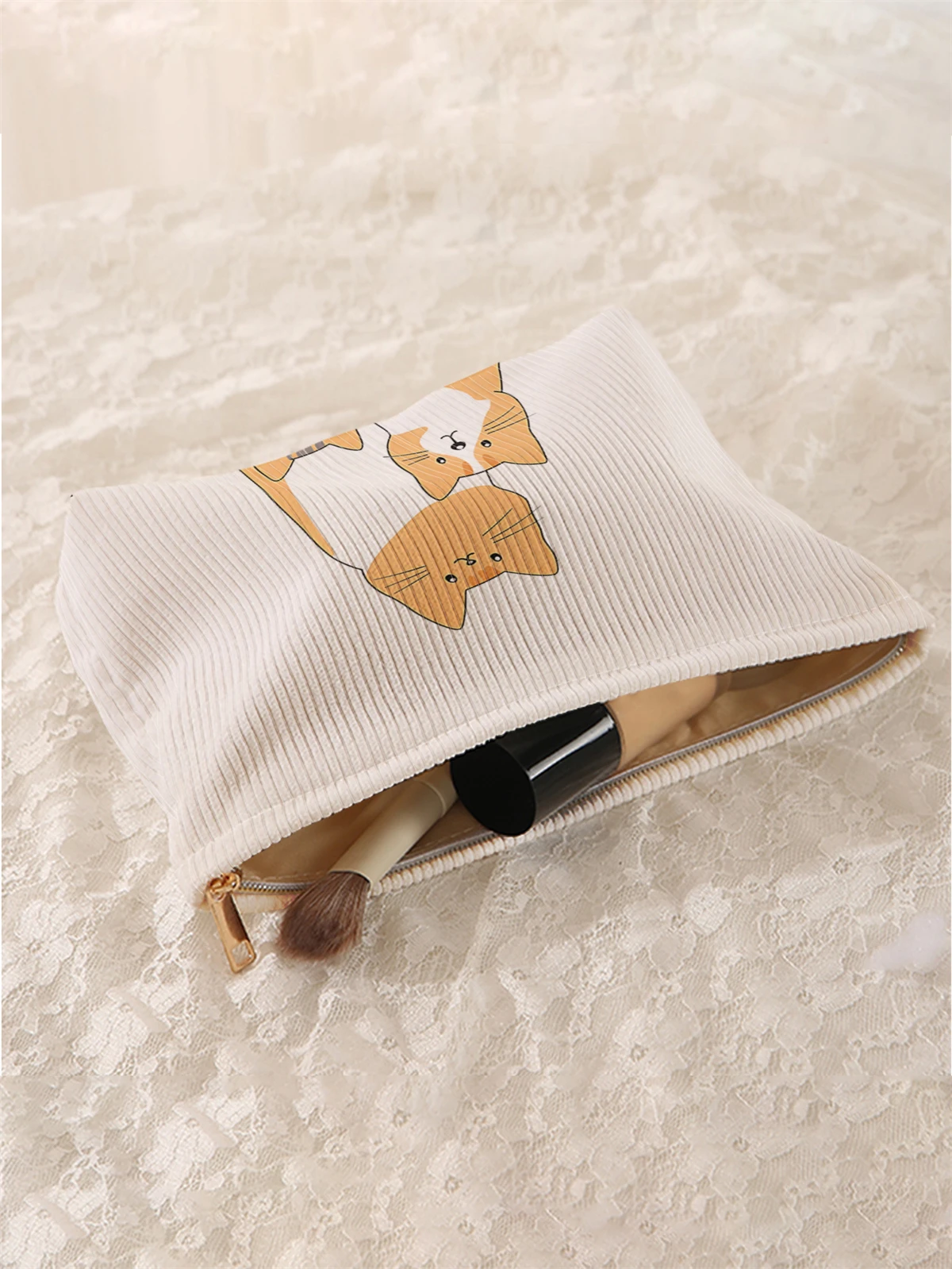 Cat pattern printed corduroy makeup bag, lightweight zipper makeup storage box, multifunctional bag with lining