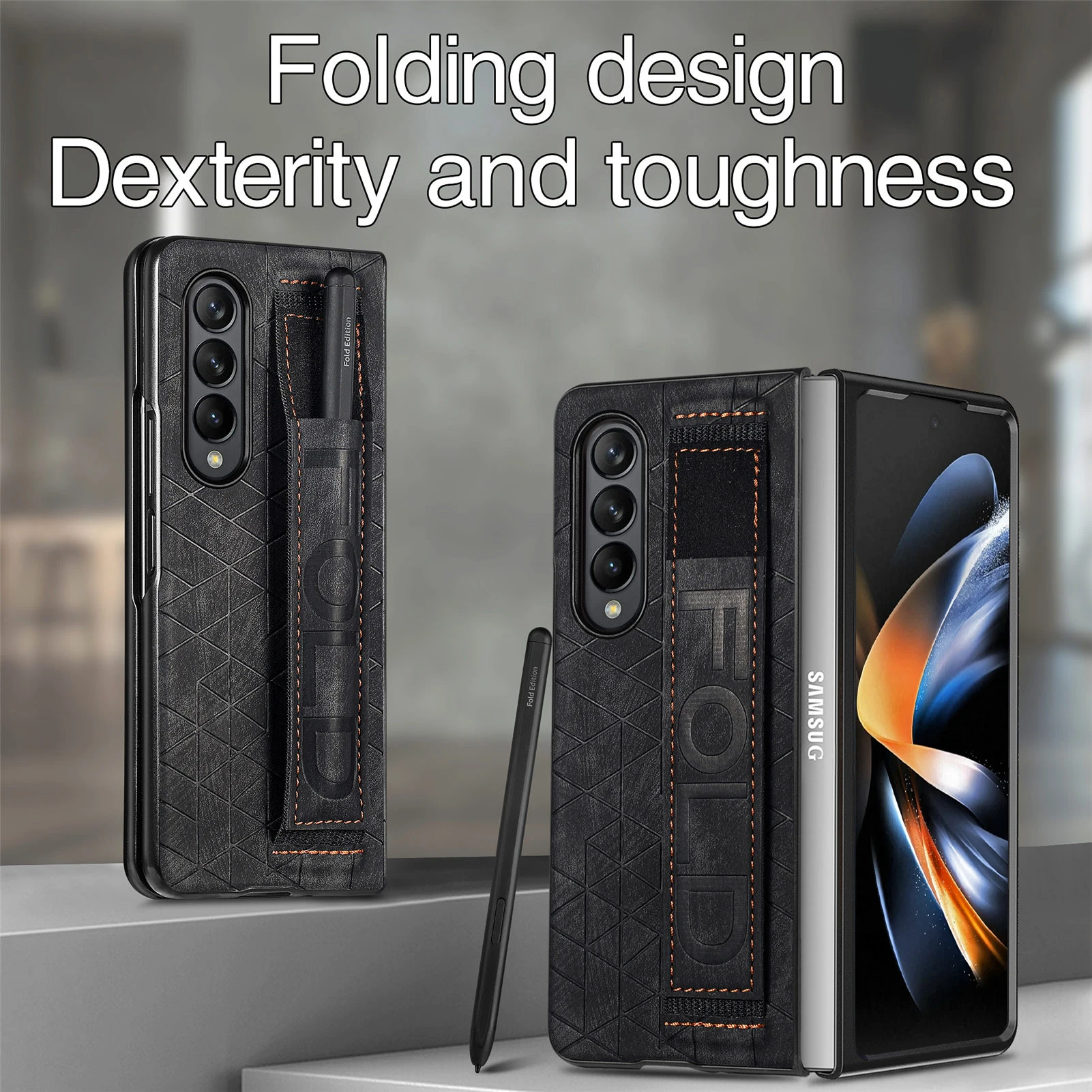 

Anti-slip Wristband Leather Cell Phone Case for Samsung Galaxy Z Fold4 5G Fold 4 Zfold4 Fold 3 Fold3 Matte Fitted Cover Coque