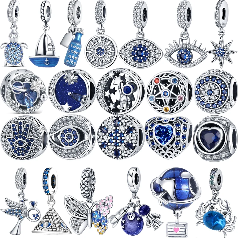 

925 Silver Blue Space Earth Airplane Demon Eyes Pavé Clear Zircon Shiny Beads Fit Original Pandora Charms Bracelet Women Jewelry