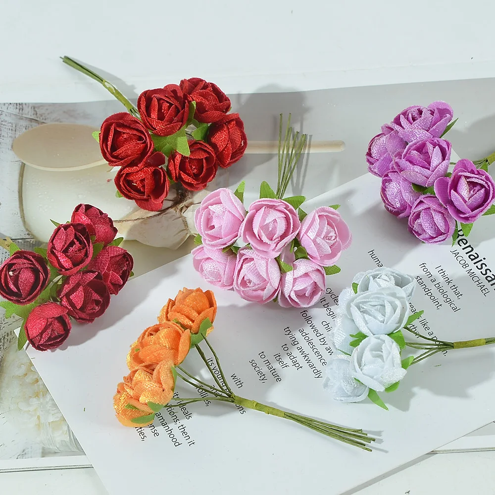 6/60Pcs Mini Artificial Bud Silk Rose Flowers Bouquet Scrapbooking Wedding Party Decoration DIY Handmade Fake Flowers Craft
