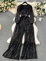 Ele Long Sve Sequin Wide Leg Pants  Suit Women's Design Sense Fake Two-Piece irt And Pants Ensemble