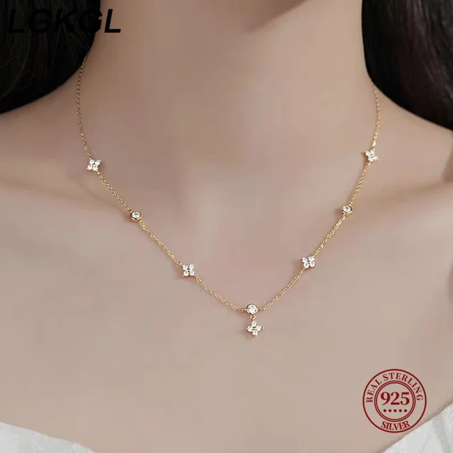 LGKGL Read S925 Sterling Silver Plated 18K Gold Sparkling Zircon Flower Necklace for Women Girl Exquisite Party Jewelry Gifts 2