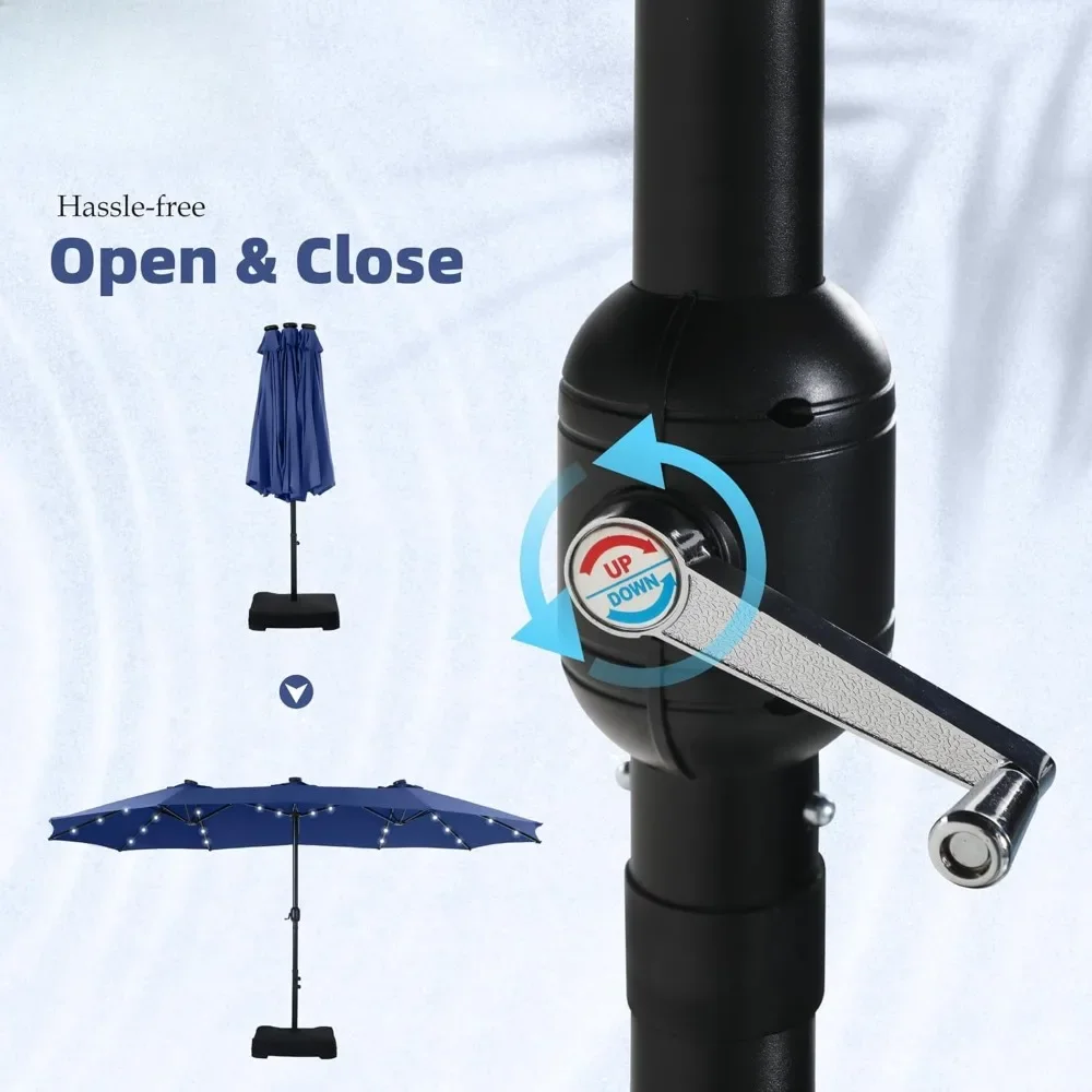 15ft Double Sided Patio Umbrella with Solar Lights, Large Market Umbrellas with Base Included, Crank Handle and 36 LED Lights 5