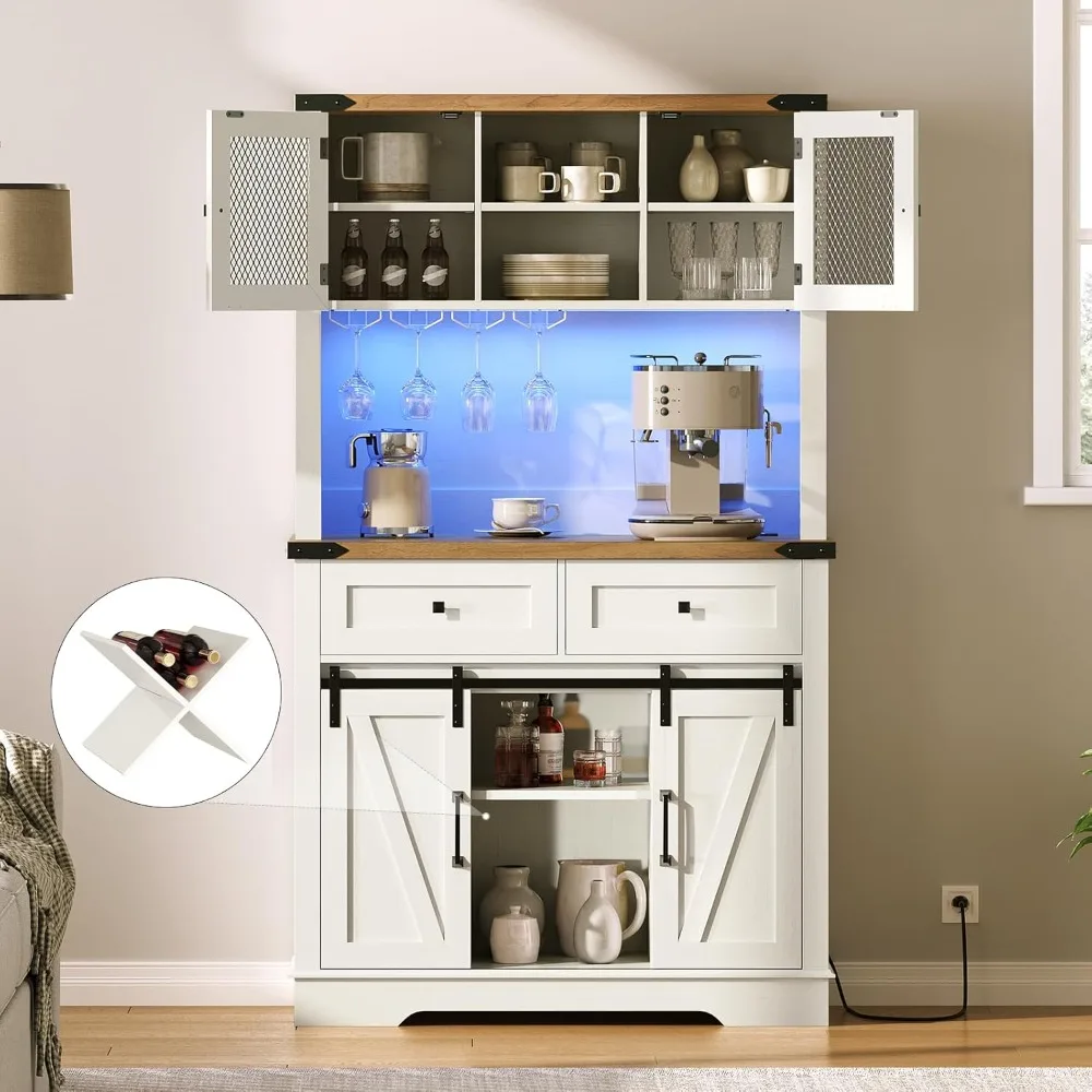 Tall Coffee Bar Cabinet, Farmhouse Bar Cabinet with Light and Power Outlet, 70.8" Buffet Cabinet with Storage, Sliding Barn Door