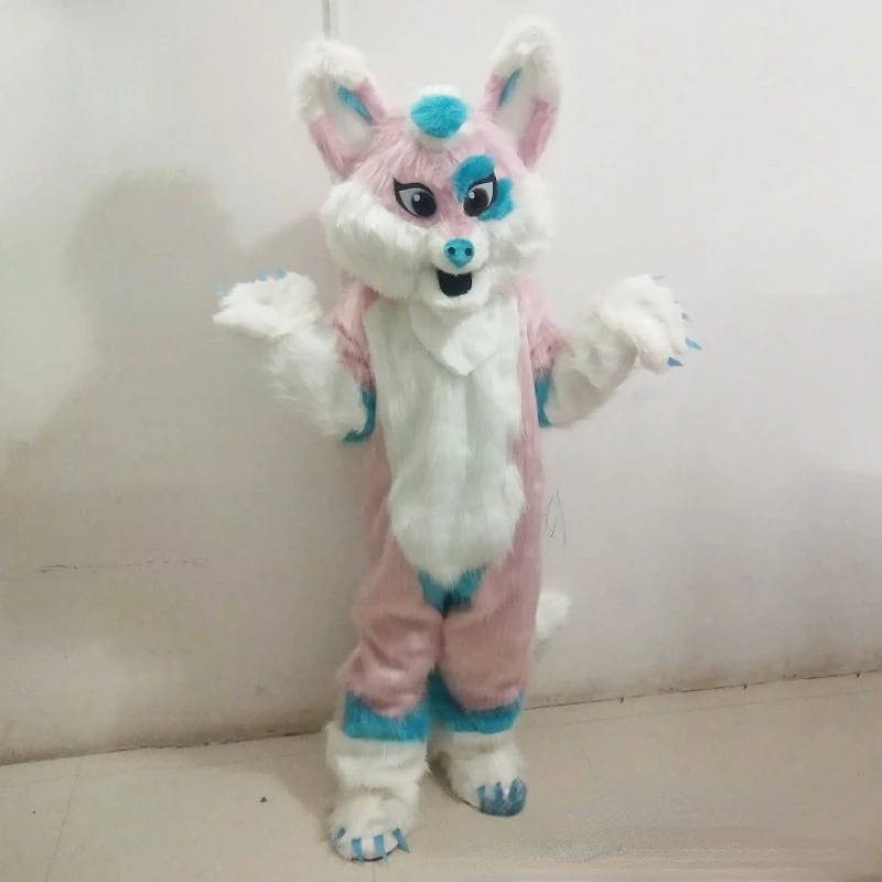 Halloween Pink Long Fur Fox Wolf Fursuit Mascot Costumes Blue Adults Outfits 
