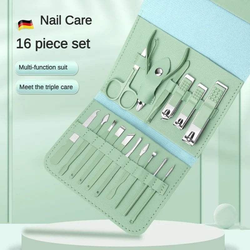 Nail Clippers Suit Full Set 16Set Manicure Implement Stainless Steel Clippers Suit Matcha Green Nail Scissors