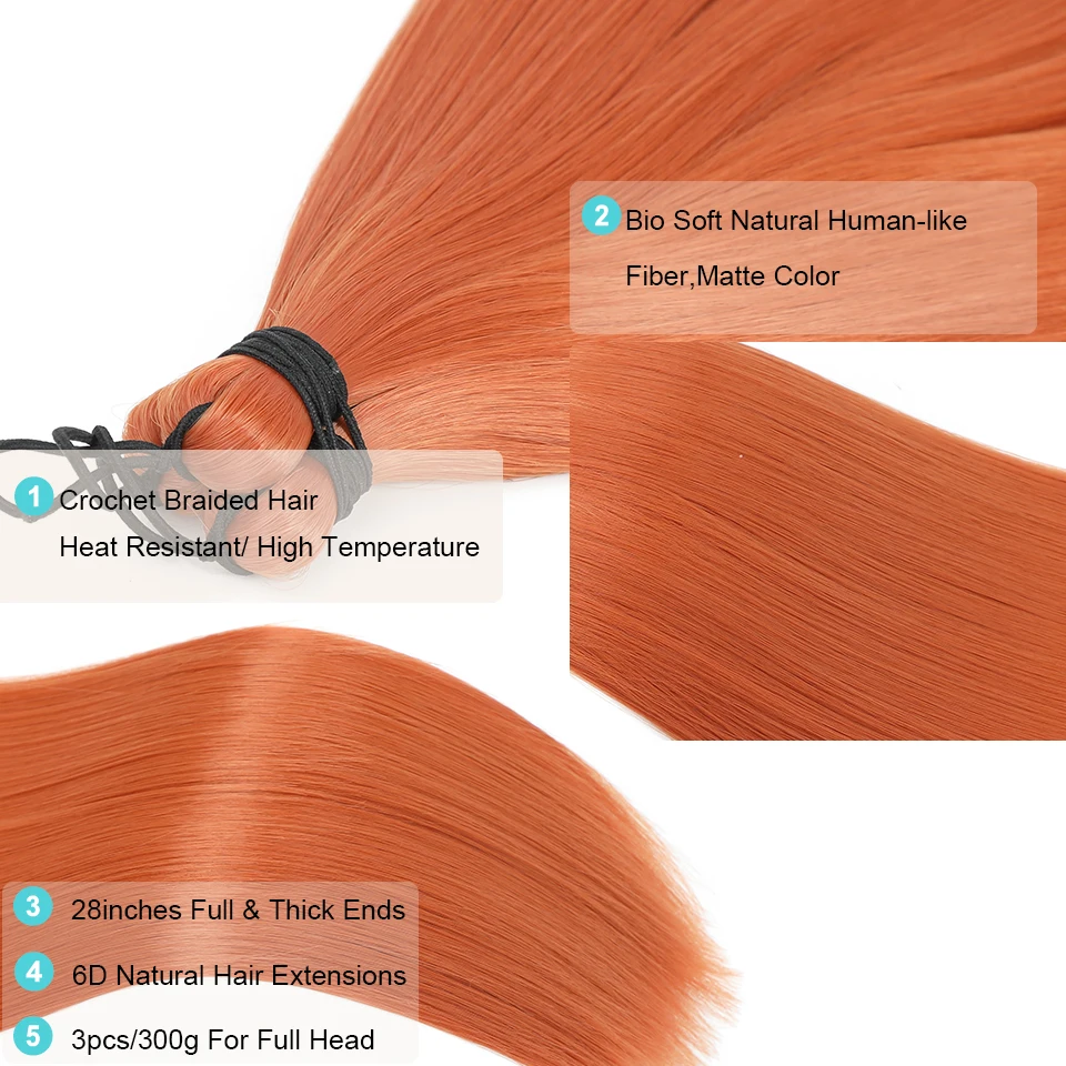 28 Zoll 300 Gramm Häkelzöpfe Glattes Haar Ombre Braun 6 # Blond 613 # Orange Hair Bio Hochtemperatur-Synthetikhaar – Detail 8
