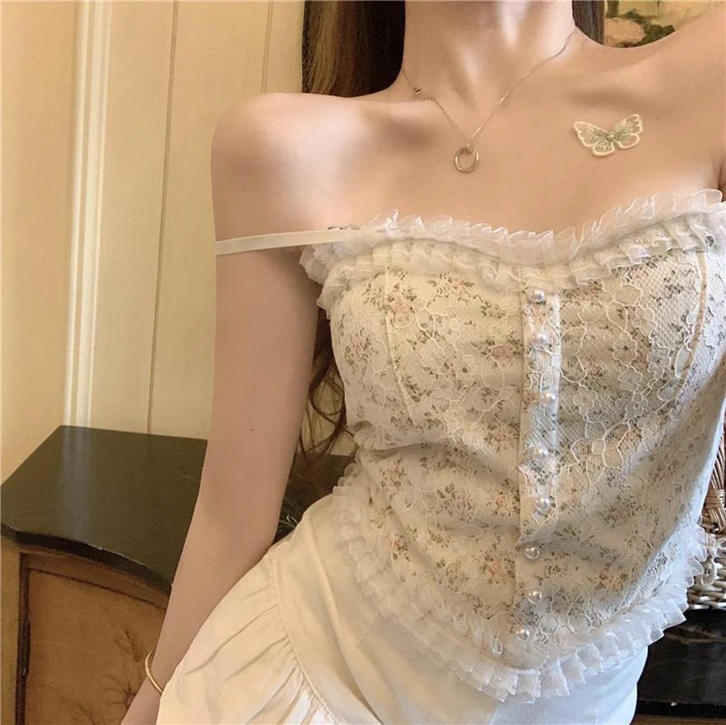 Women's Camisole Summer French Lace Floral Ruffle No Steel Ring With Chest Pad Girl Bottoming Shirt Tank Top 1PC