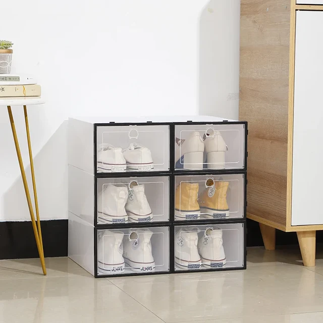 Caja transparente para zapatos, organizador de plástico plegable a prueba  de polvo, apilable, combinado, estilo cajón - AliExpress