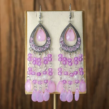 Vintage Temperament Purple Crystal Water Drop Earrings for Women Ethnic Long Handmade Dangle Earring Female Jewelry
