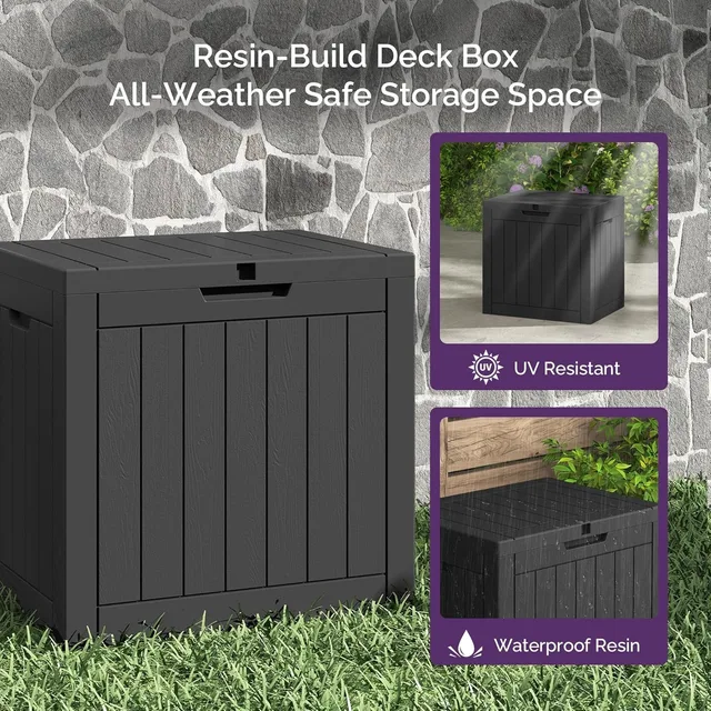 Lockable Storage Box, Weather-Resistant Outdoor Storage Bin, 30-Gallon Faux Plank Driftwood
