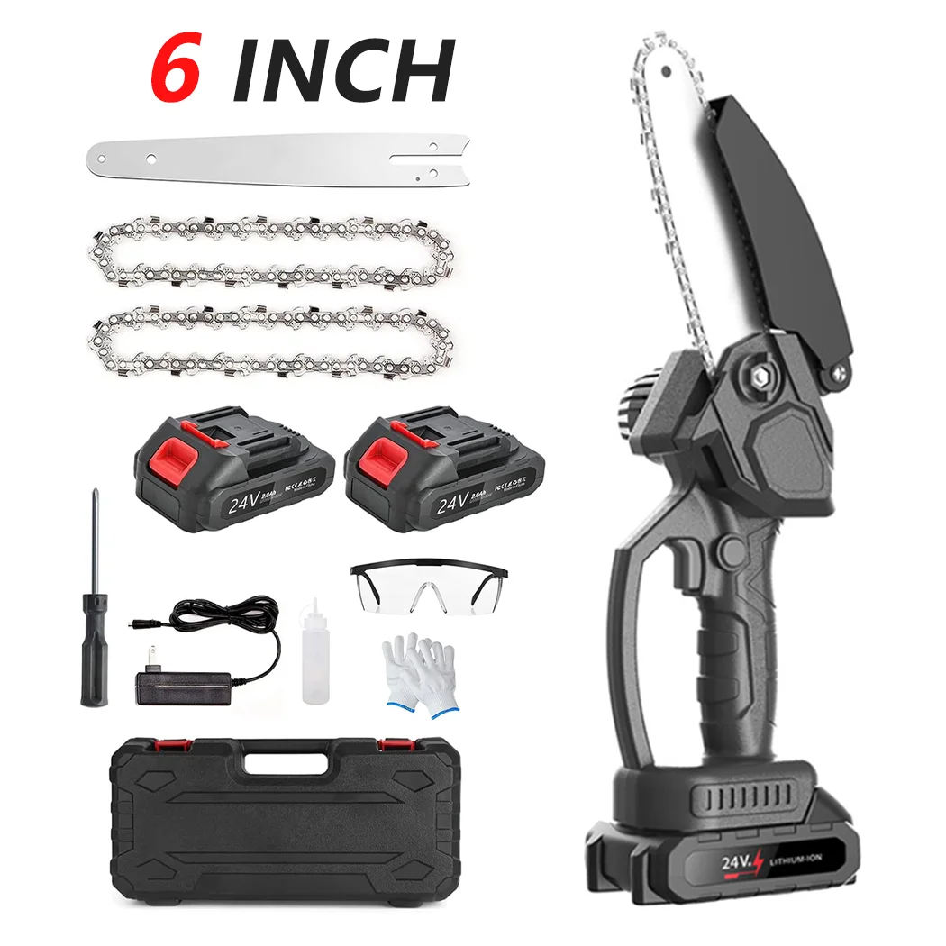 Mini Cordless Electric Chainsaw 6-Inch Wood Cutter Rechargeable 2X Battery-Powered for Home Improvement And Outdoor Living