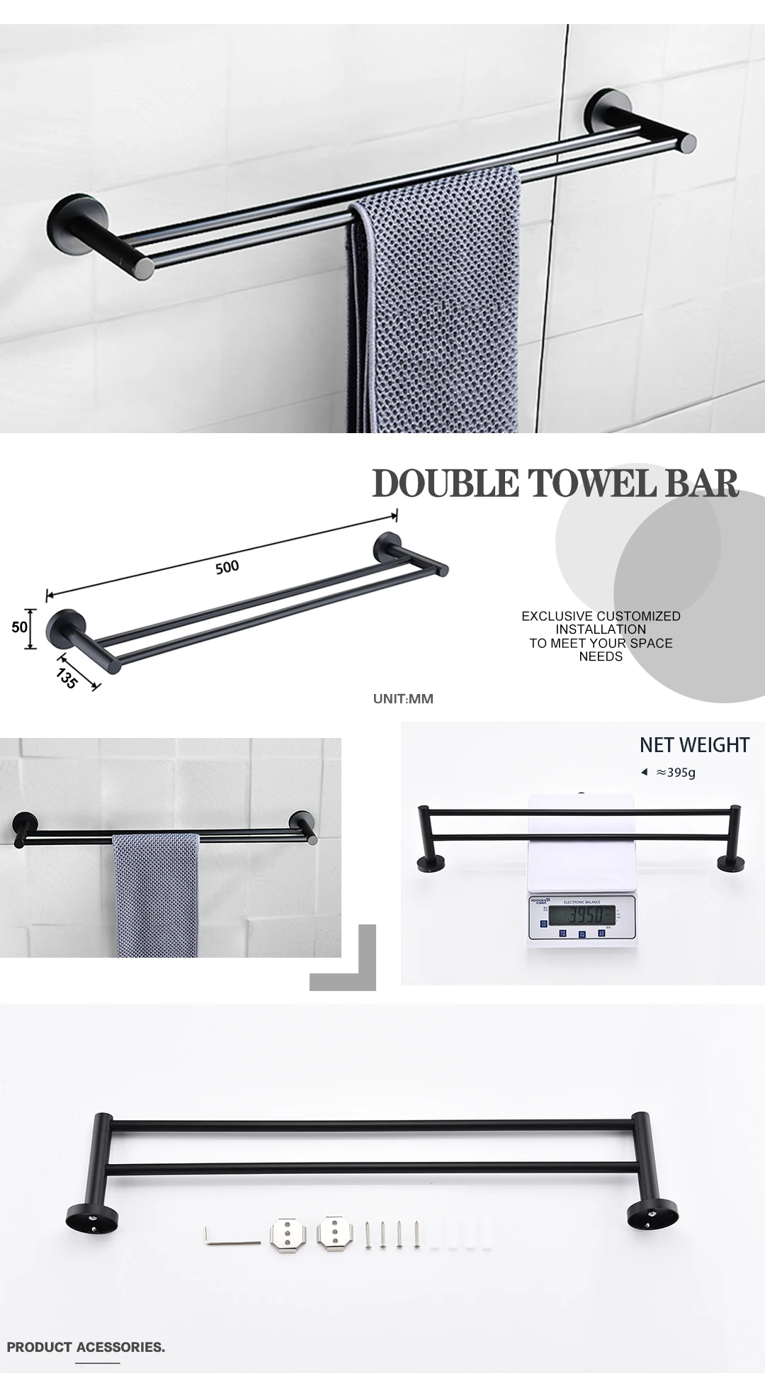 Description Picture 4 of itemMatt Black Double Towel Bars Kitchen Towel Hanger Stainless Steel Bathroom Accessories Towel Rack Ring Toilet Paper Brush Holder