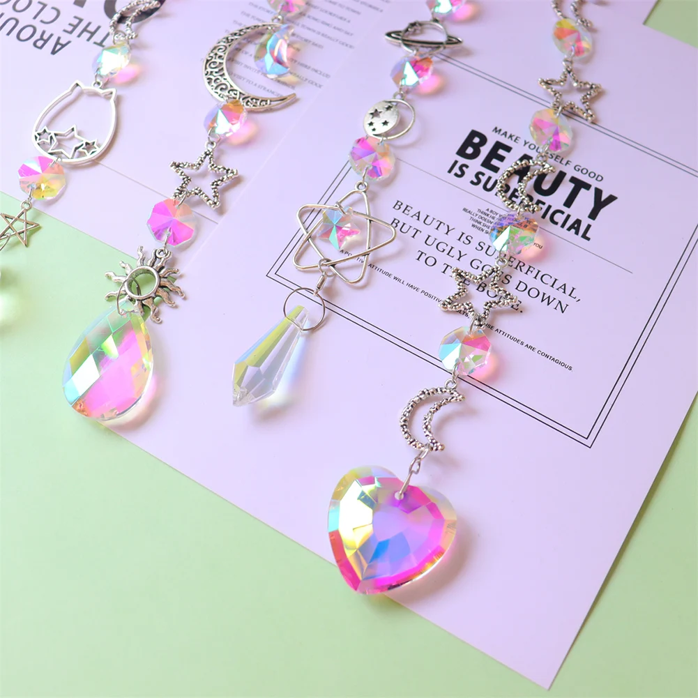 Suncatcher Crystal Pendant Window Prism Wind Chimes Star Moon Heart Metal Hanging Prism Hanging Light Catcher Home Garden Decor