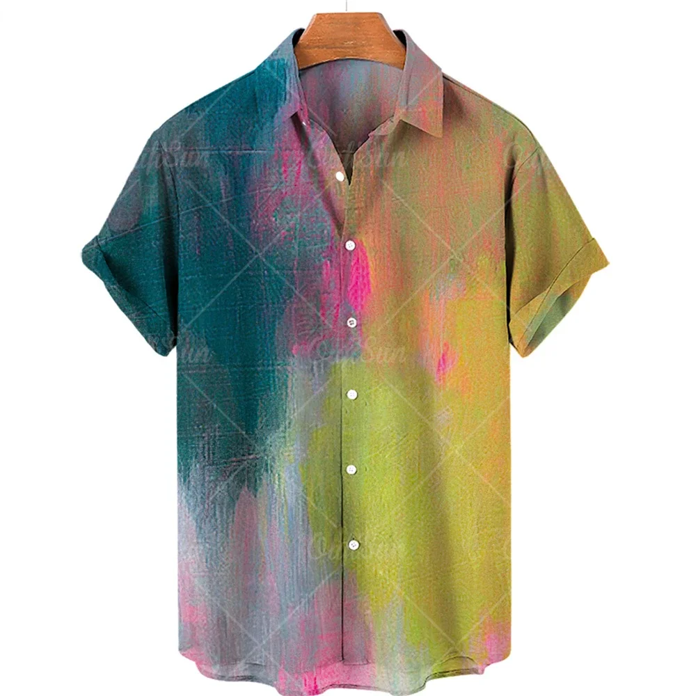 2022 Men's Oversized Casual Short Sleeve Shirt 3D Print Gradient Hawaiian Fancy Shirt Lapel Single Breasted Beach Top