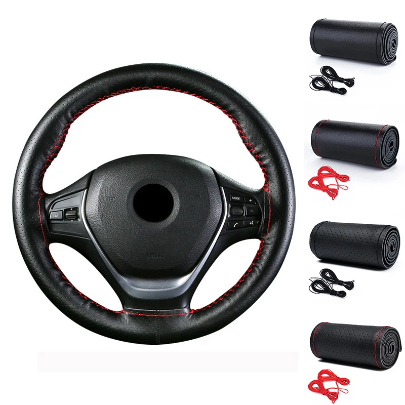 Genuine Leather Steering Wheel Cover with Needles and Thread DIY Braid Car Steering Wheel Cover Diameter 37-38cm