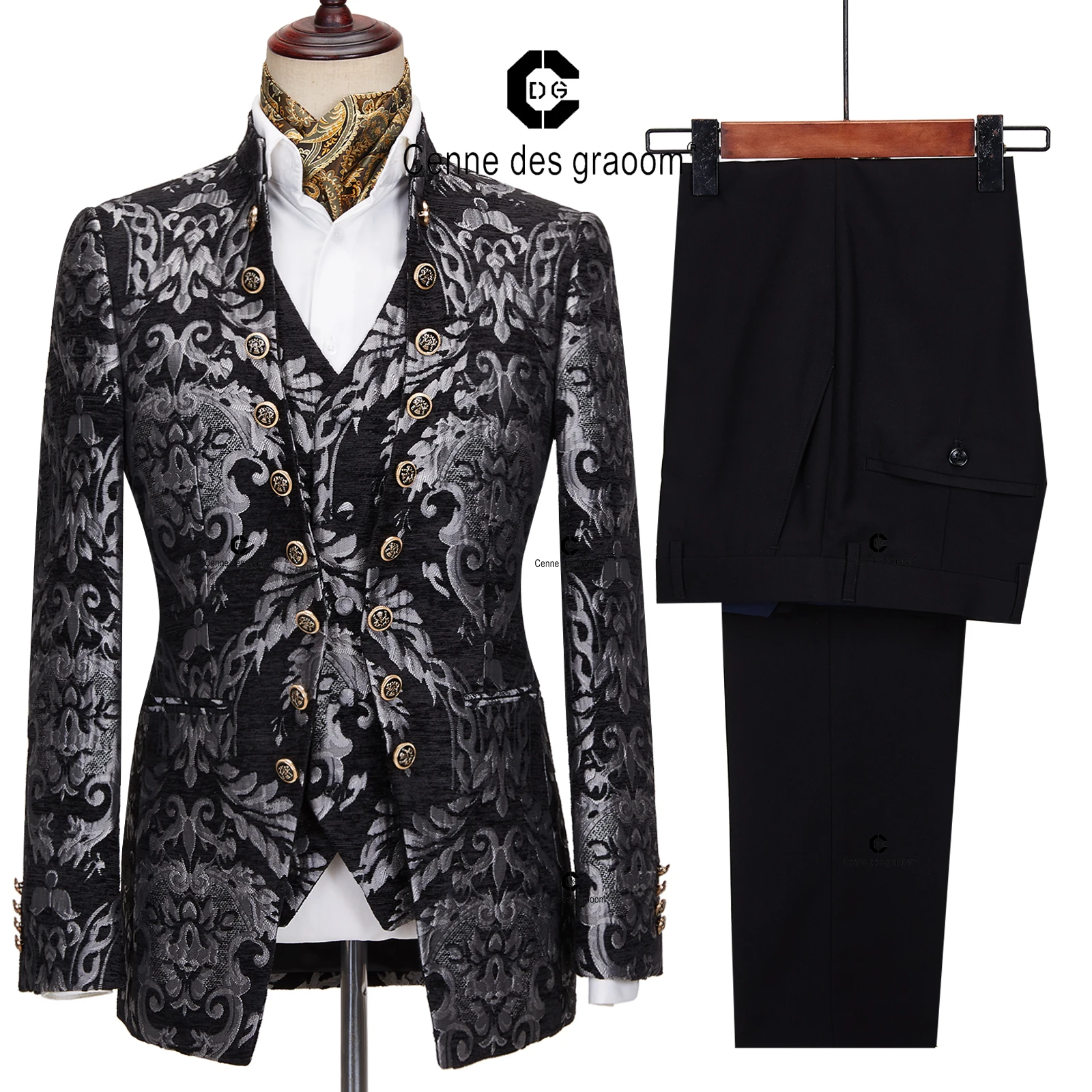 Cenne Des Graoom 2024 New Men Suits Floral Jacquard Blazers Waistcoat Pants 3 Pieces Set Ceremonial Occasion Party Wear Prom 4