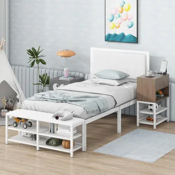 Twin Metal Platform Bed with Storage Shelves & Upholstered Headboard 1