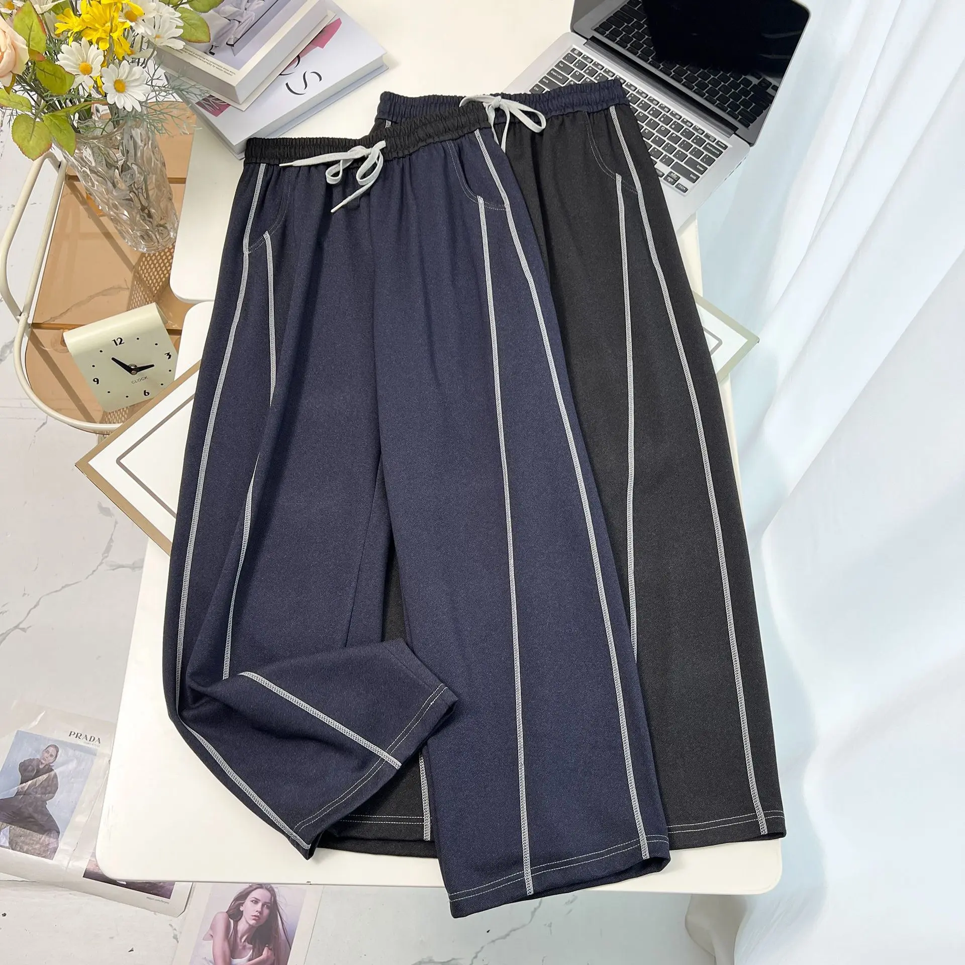 Plus Size Women's Straight Pants Autumn New Style Bright Line Casual Wide Leg Trousers 016