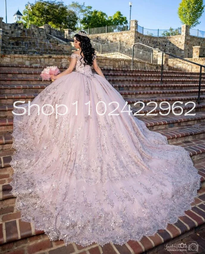 

Rose Pink Chapel Train Quinceanera Dresses Gillter Sequins Applique Off Shoulder Corset Prom vestido debutantes 15 anos