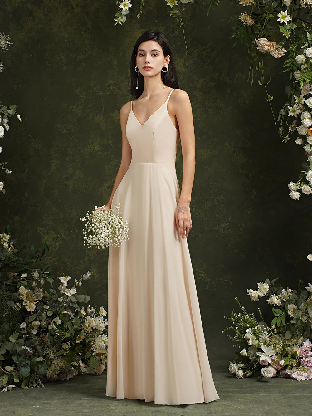 MisShow Back Lace Deisgn Light Champagne Chiffon Long Dresses for Women Sexy Illusion Adjustable Straps Maxi Party Summer Dress