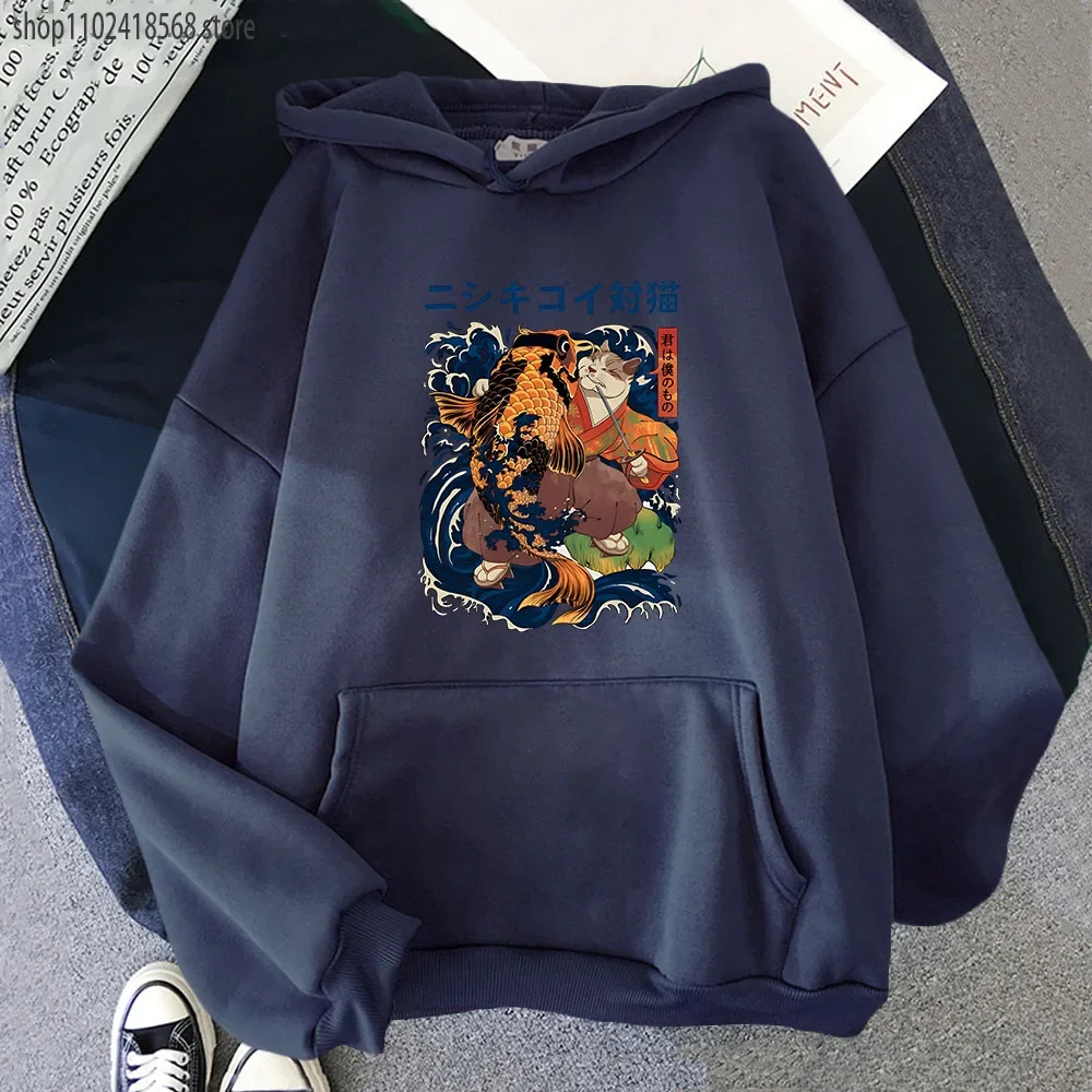Cat Eat Fish Print Hoodies Kawaii Cartoon Graphic Sweatshirt Hip Hop Street Streetwear Men's Clothes Long Sleeve Pullover Women