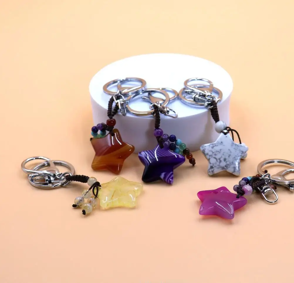 

1PC Natural Stone Keychain Healing Moon Star Pink Quartz Crystal Pendant Sliver Color Key Ring Car Key Bag Decor F1699
