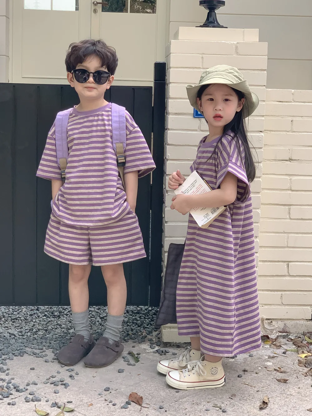 

2023 Summer New Children Brother Sister Purple Striped Clothes Set Boys T-shirt Shorts Suit Girls Casual Dress Sibling Outfits